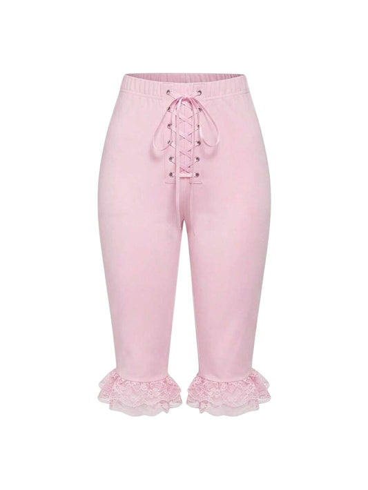 Women's Pink Lace Patchwork Tie-Up Capri Pants