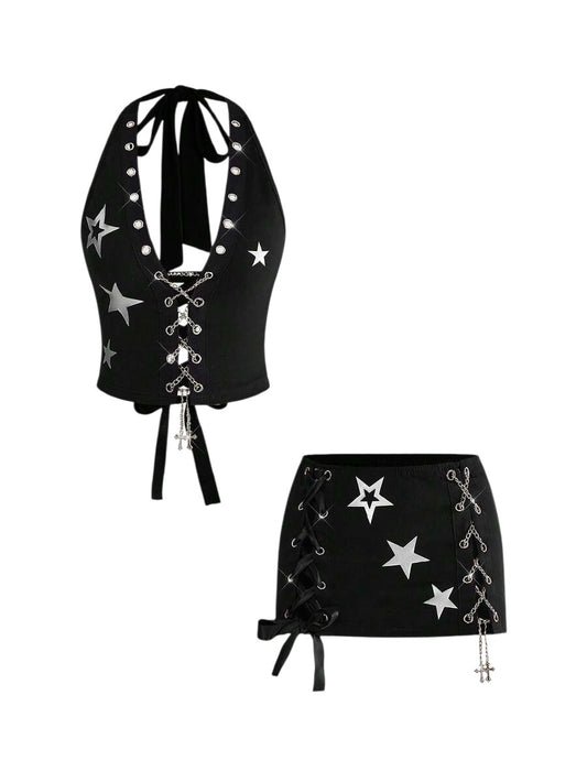 Silver Foil Star Halter Bodysuit & Low Rise Mini Skirt Set