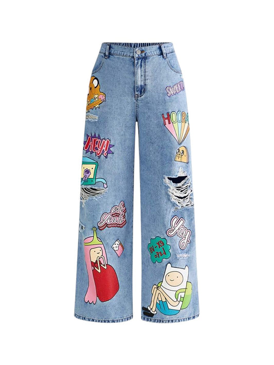 Adventure Time Graffiti Print Distressed Plus Size Wide Leg Jeans