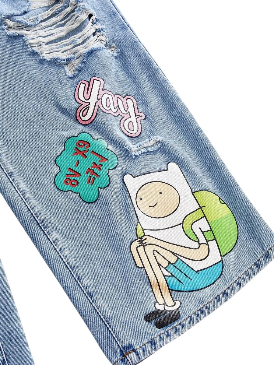Adventure Time Graffiti Print Distressed Plus Size Wide Leg Jeans