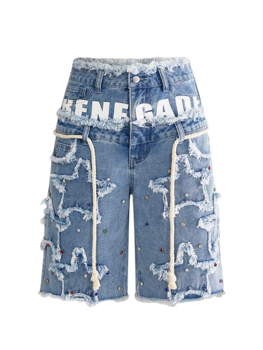 Double Waistband Star Patch Blue Denim Shorts