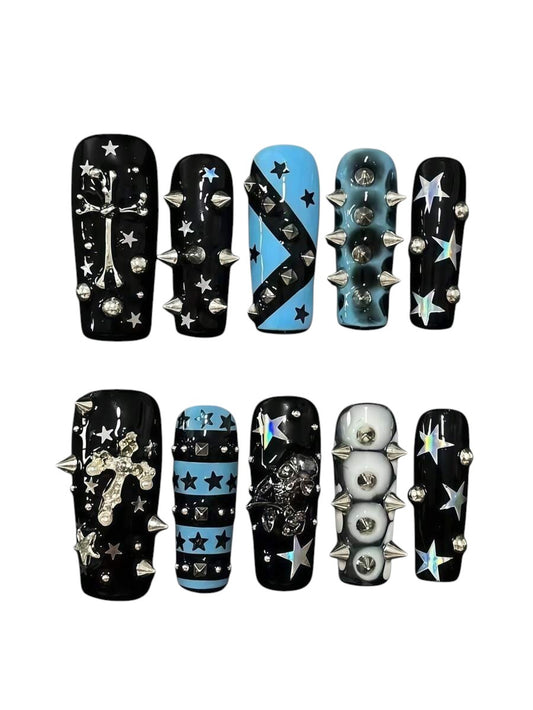 20pcs Black Pentagram Cross Rivet Y2K Punk Press-On Nails Set
