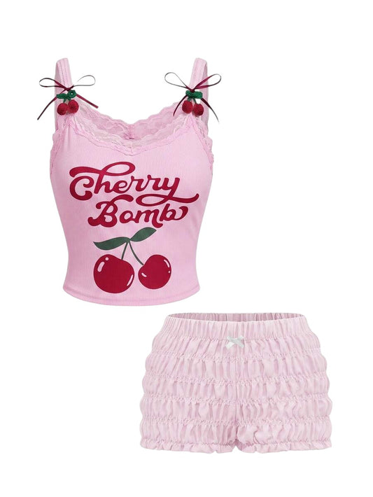 Cherry Lace Trim Cami & Ruched Shorts Plus Size Two-Piece Set