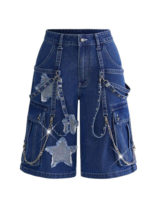 Blue Punk Rivet Wide Leg Denim Capri Pants