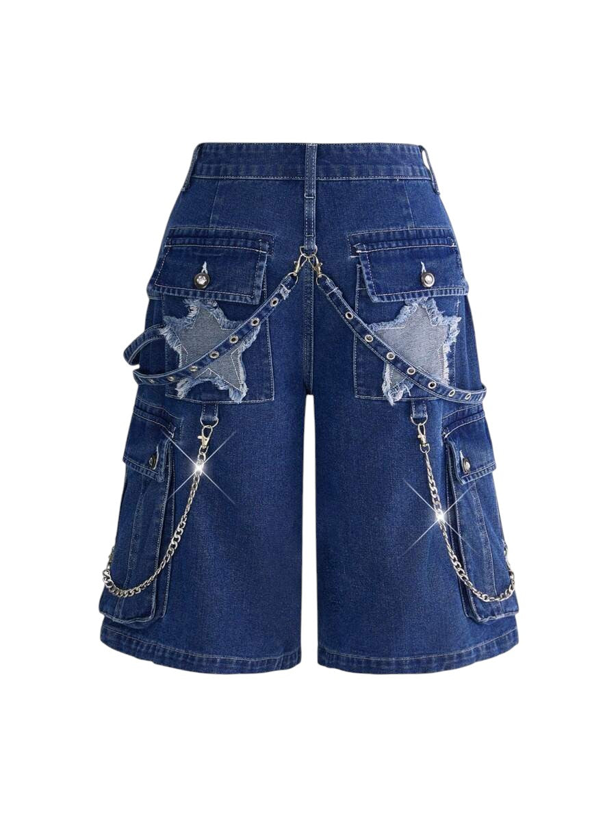 Blue Punk Rivet Wide Leg Denim Capri Pants