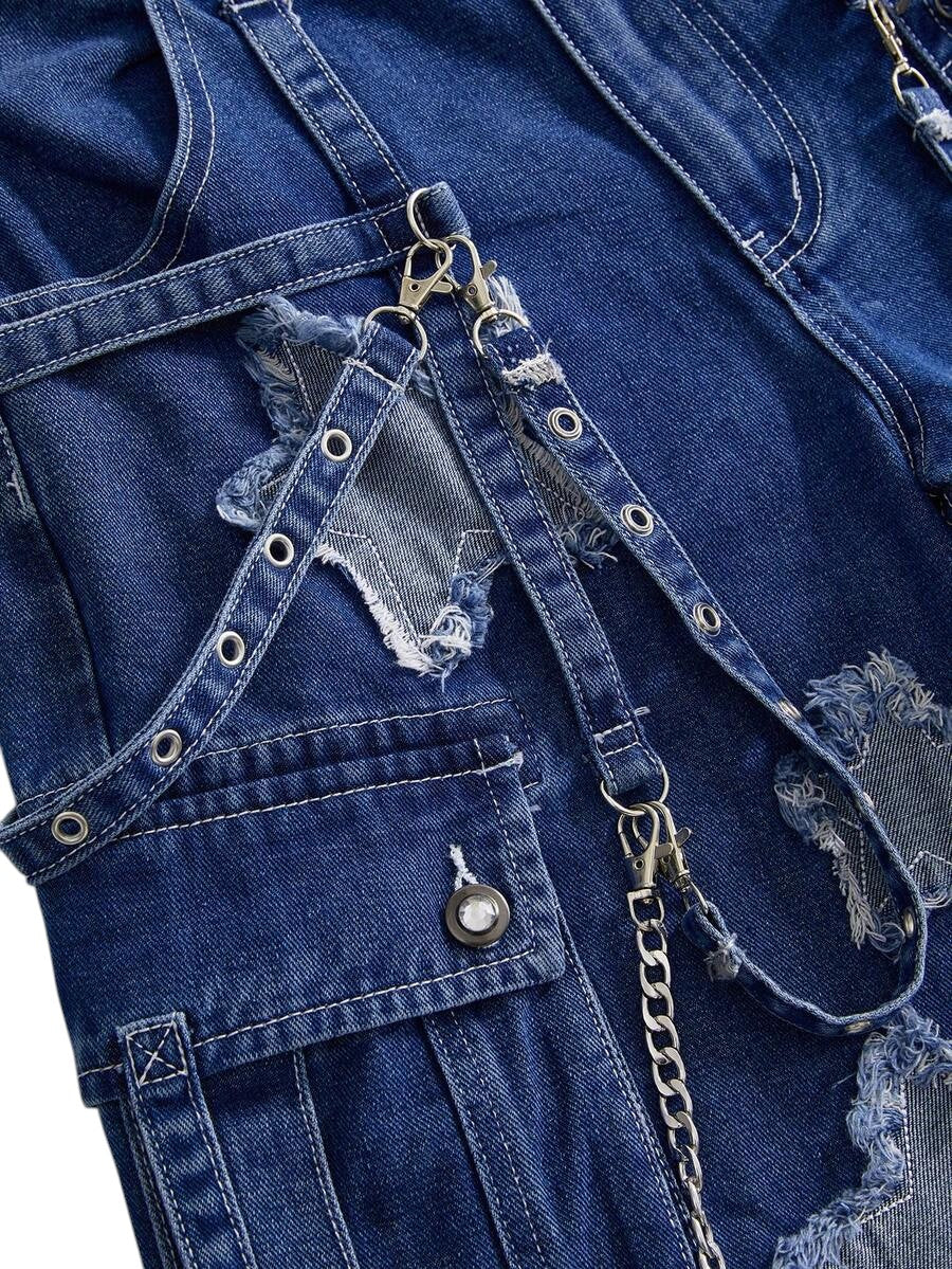 Blue Punk Rivet Wide Leg Denim Capri Pants