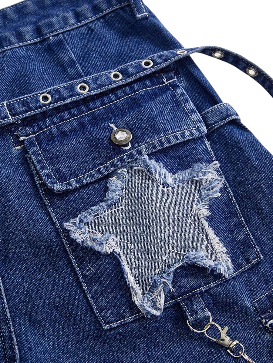 Blue Punk Rivet Wide Leg Denim Capri Pants