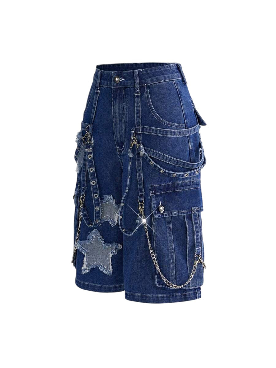 Blue Punk Rivet Wide Leg Denim Capri Pants