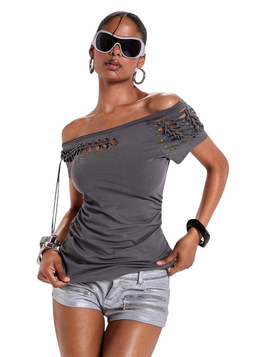 Women's Vintage Y2K Halter Neck Rivet Detail Off-Shoulder Top