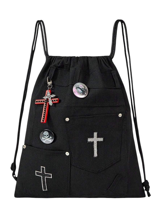 Y2K Gothic Rhinestone Cross Drawstring Multi-Pocket Backpack