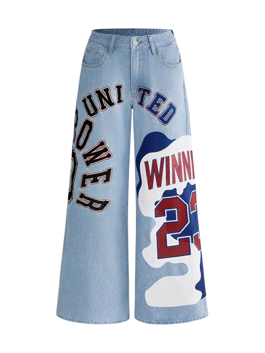 Retro Sports Patchwork Wide Leg Low Rise Denim Jeans