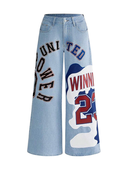 Retro Sports Patchwork Wide Leg Low Rise Denim Jeans