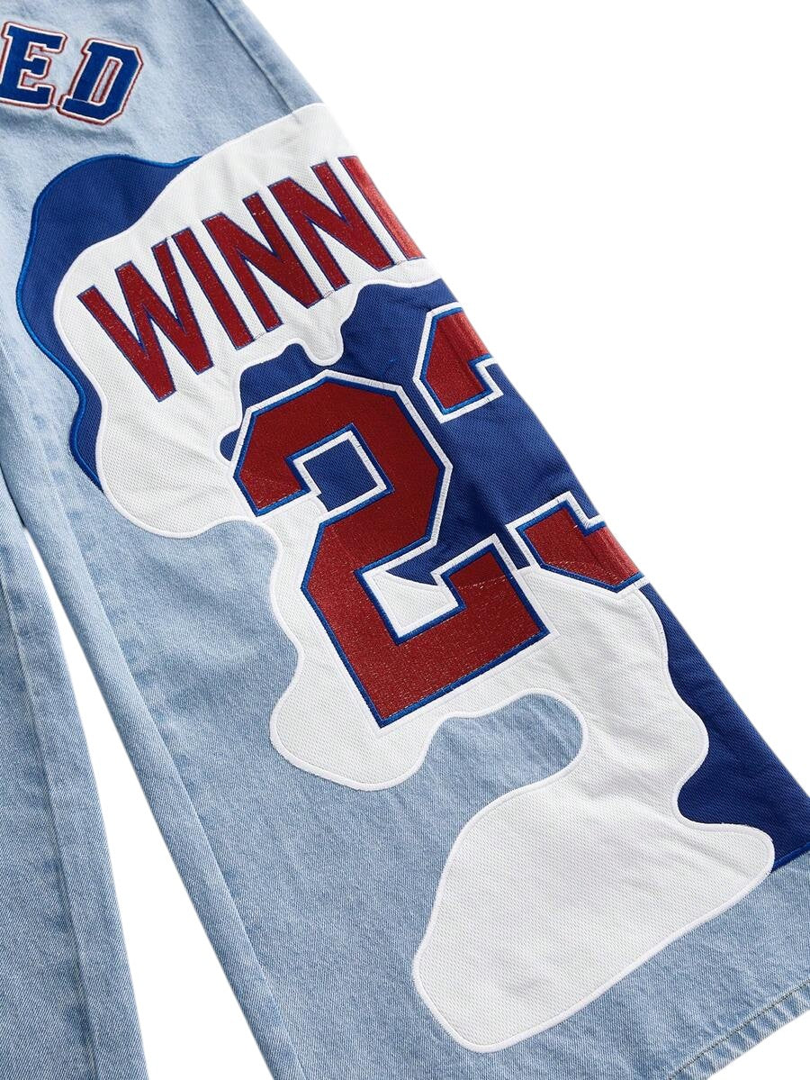 Retro Sports Patchwork Wide Leg Low Rise Denim Jeans
