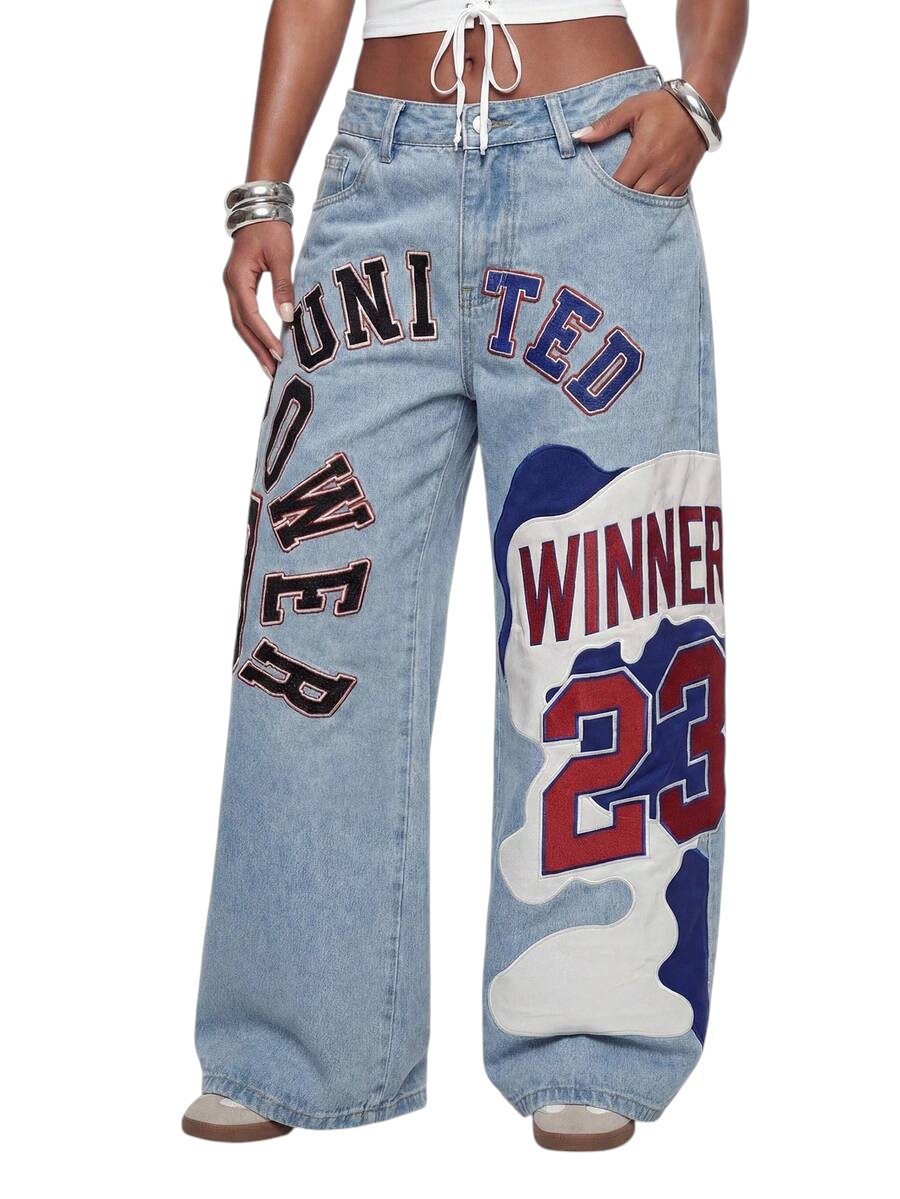 Retro Sports Patchwork Wide Leg Low Rise Denim Jeans