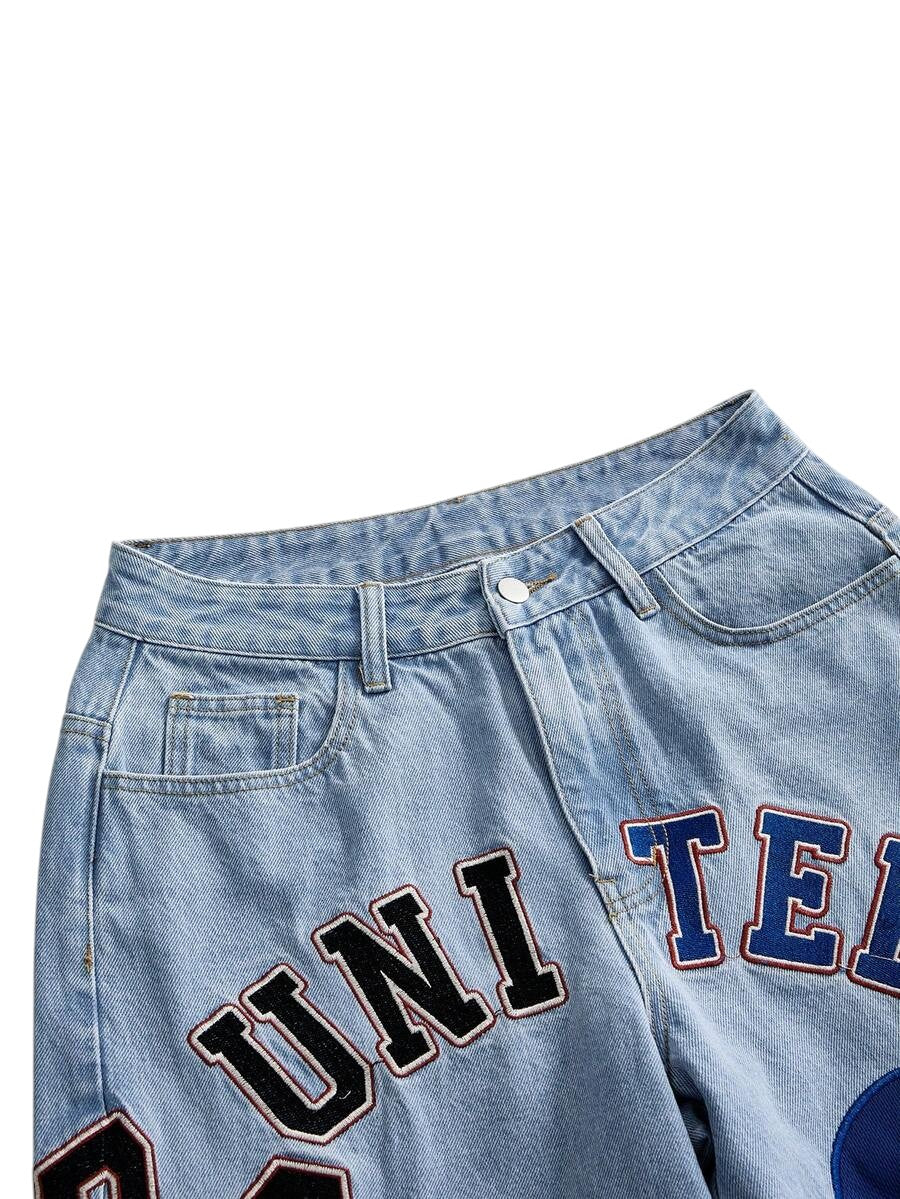 Retro Sports Patchwork Wide Leg Low Rise Denim Jeans