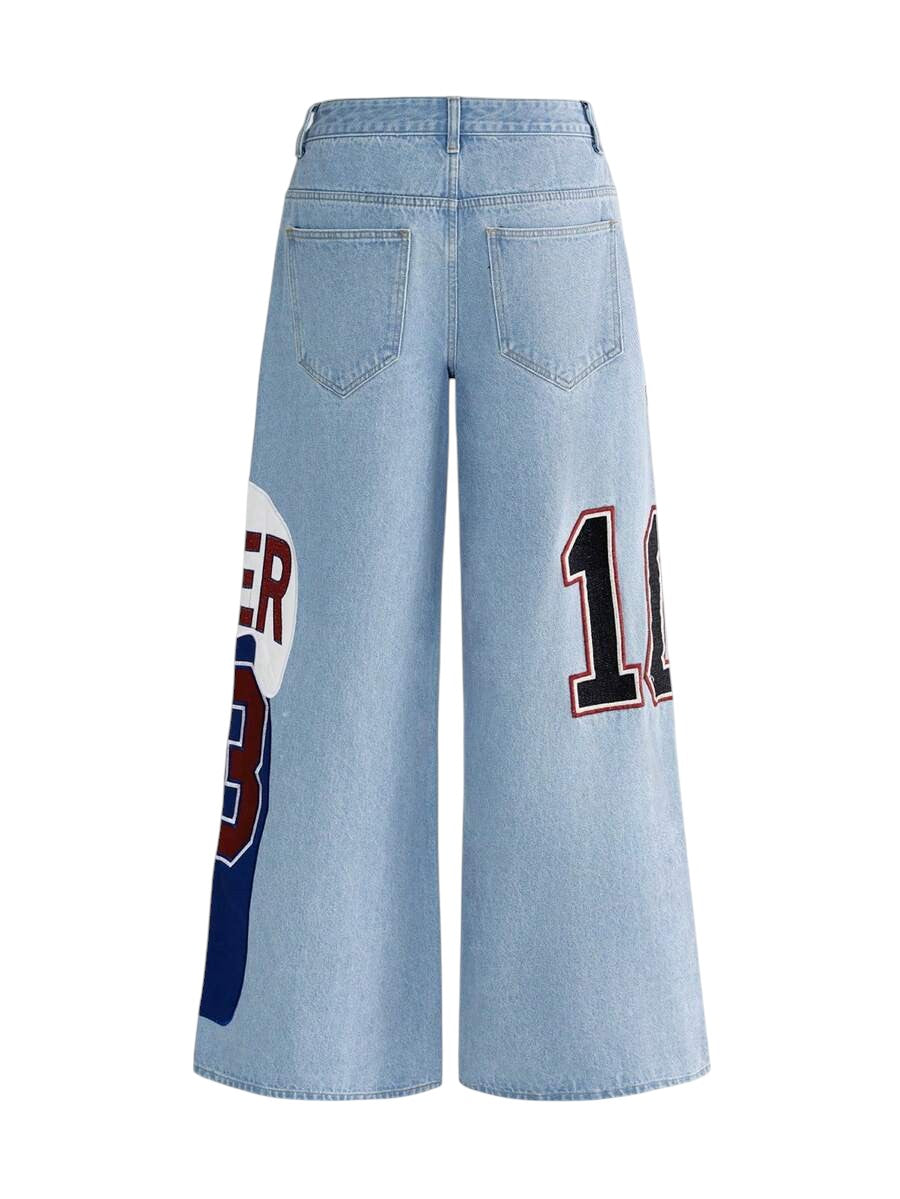 Retro Sports Patchwork Wide Leg Low Rise Denim Jeans