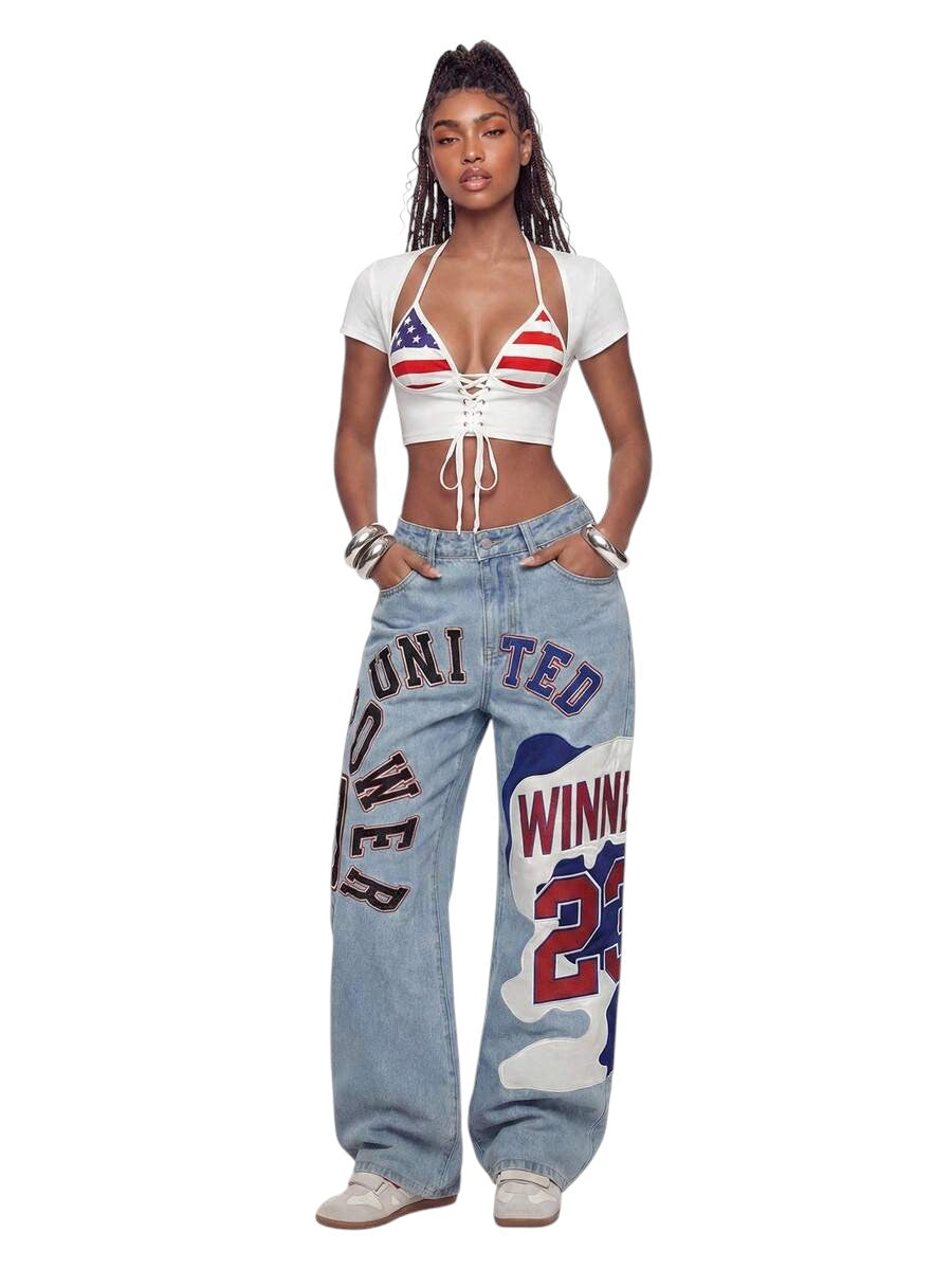 Retro Sports Patchwork Wide Leg Low Rise Denim Jeans