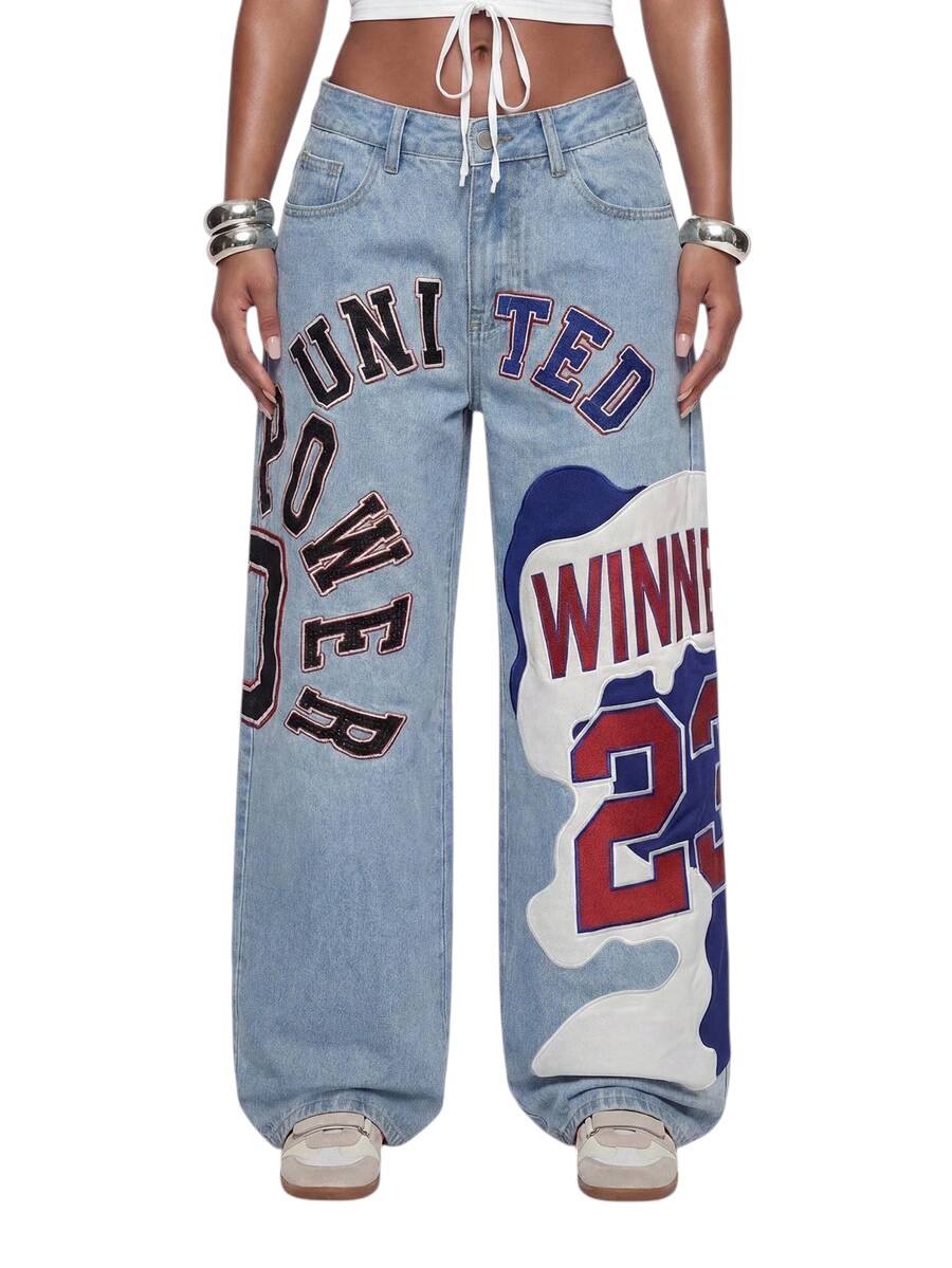 Retro Sports Patchwork Wide Leg Low Rise Denim Jeans
