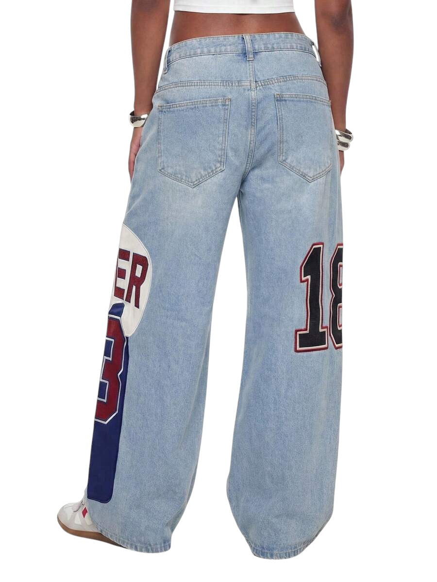 Retro Sports Patchwork Wide Leg Low Rise Denim Jeans