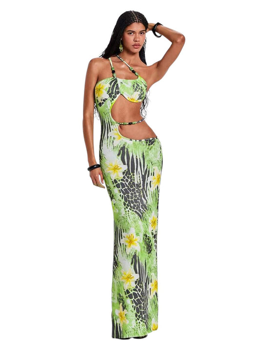 Y2K Floral One-Shoulder Crop Top Long Dress