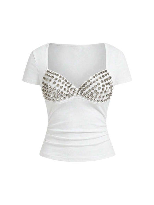 Punk Rivet Patchwork 2-In-1 White Slim Fit T-Shirt