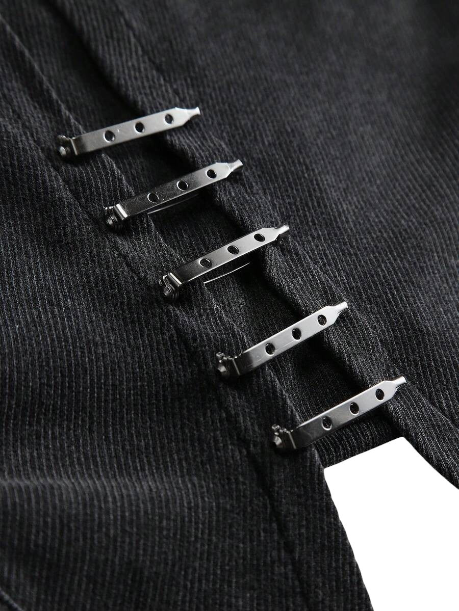 Women's Distressed Washed Metal Button Fitted Crop Top