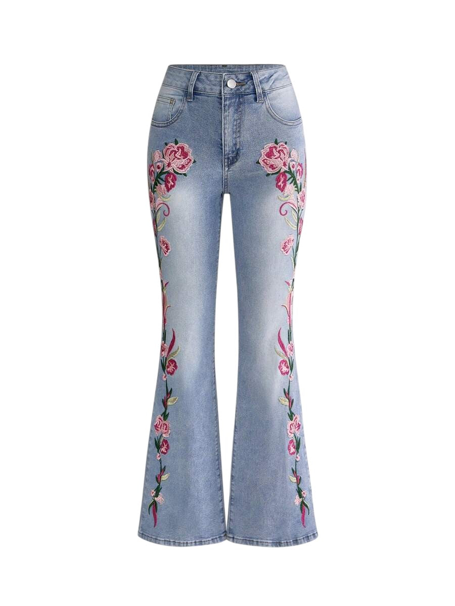 Fairycore Floral Embroidered Blue Flare Jeans for Women