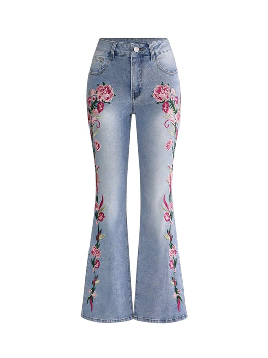 Fairycore Floral Embroidered Blue Flare Jeans for Women