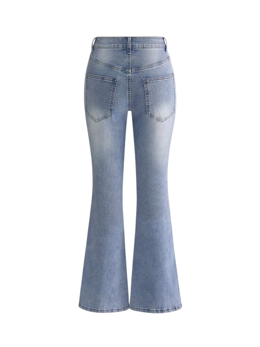 Fairycore Floral Embroidered Blue Flare Jeans for Women