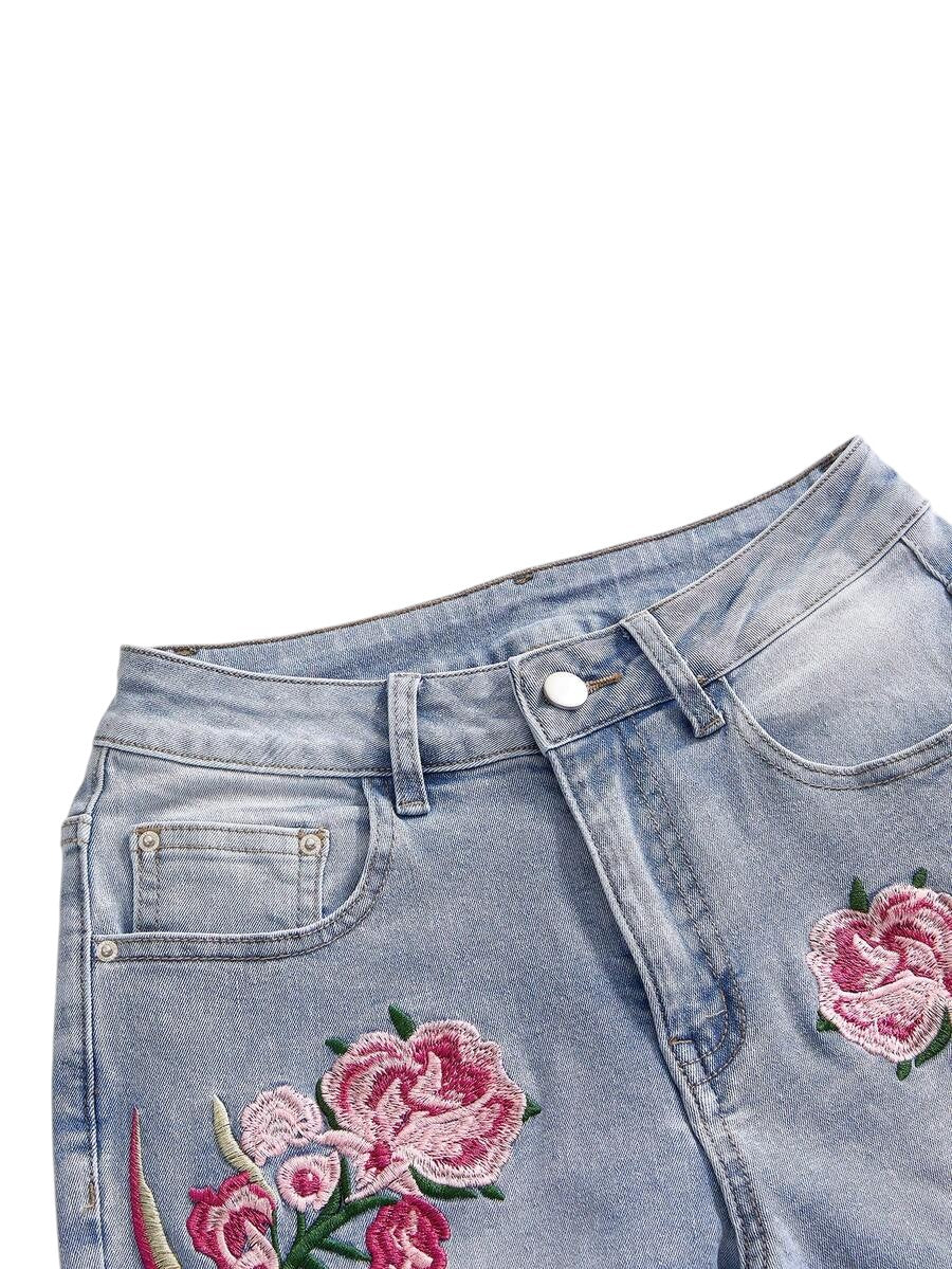 Fairycore Floral Embroidered Blue Flare Jeans for Women
