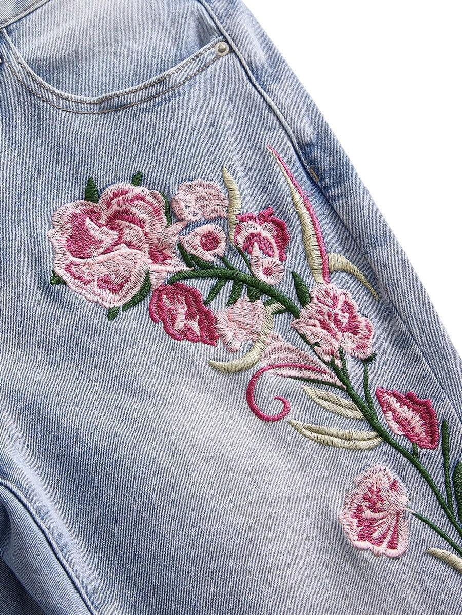 Fairycore Floral Embroidered Blue Flare Jeans for Women