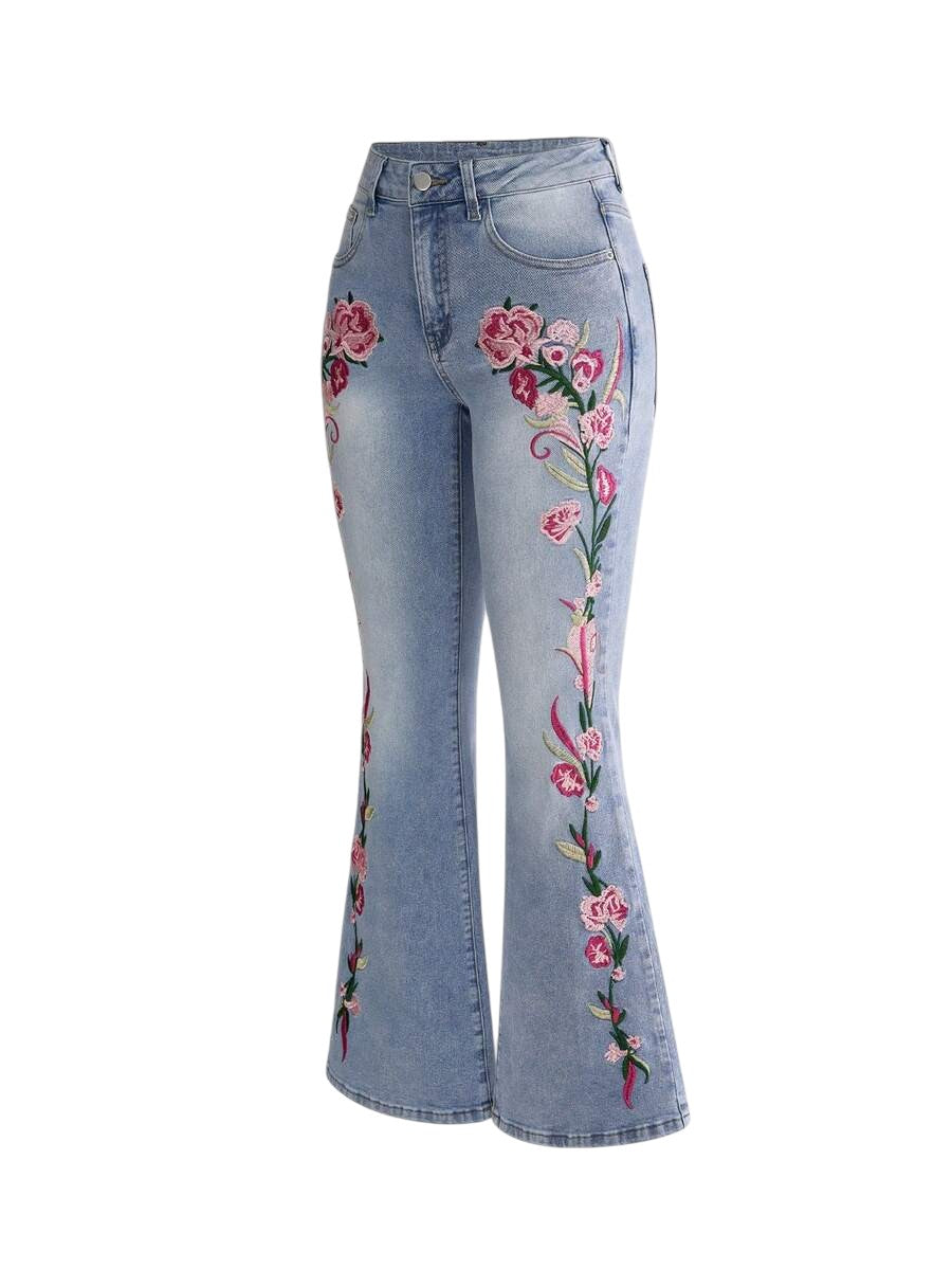 Fairycore Floral Embroidered Blue Flare Jeans for Women