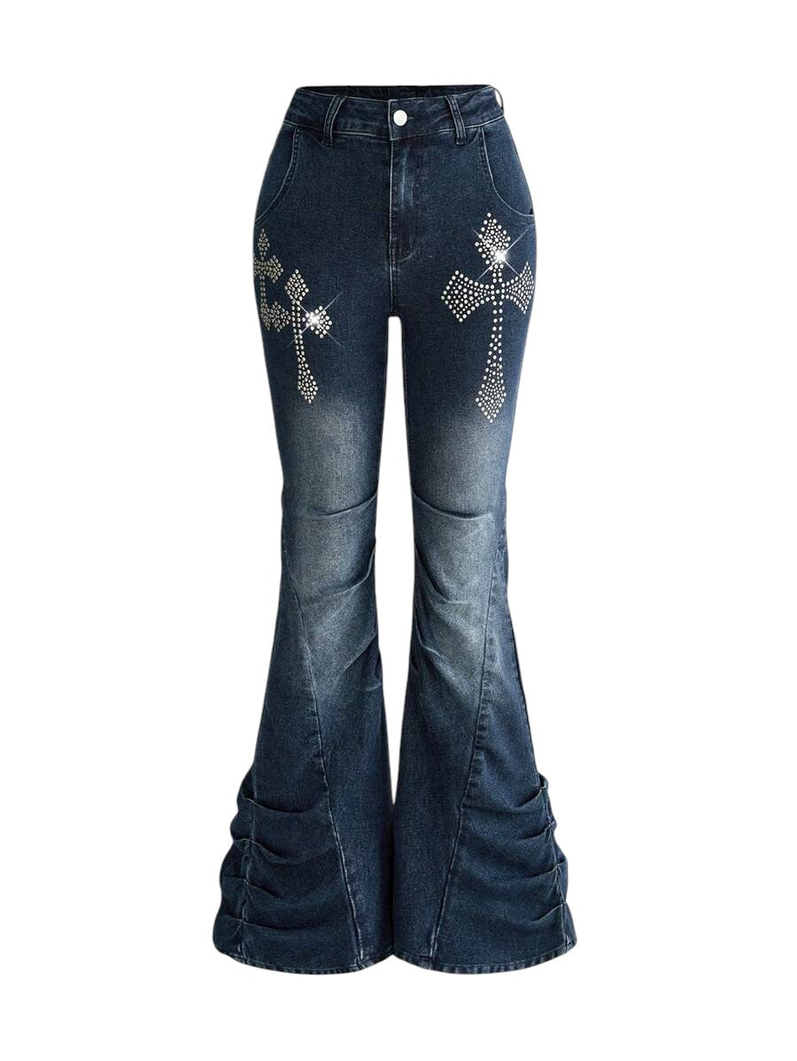 Blue Y2K Cross Stud Distressed Flare Denim Jeans