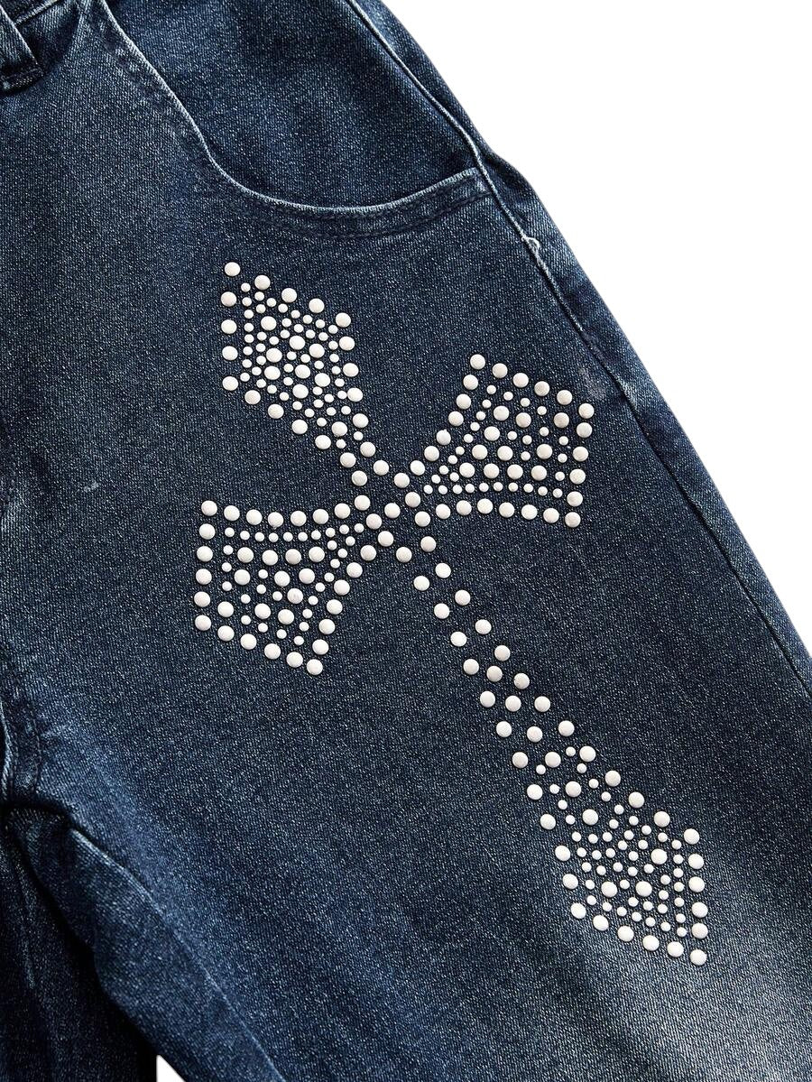 Blue Y2K Cross Stud Distressed Flare Denim Jeans