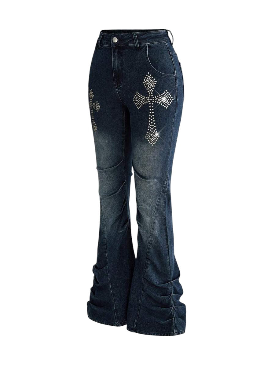 Blue Y2K Cross Stud Distressed Flare Denim Jeans
