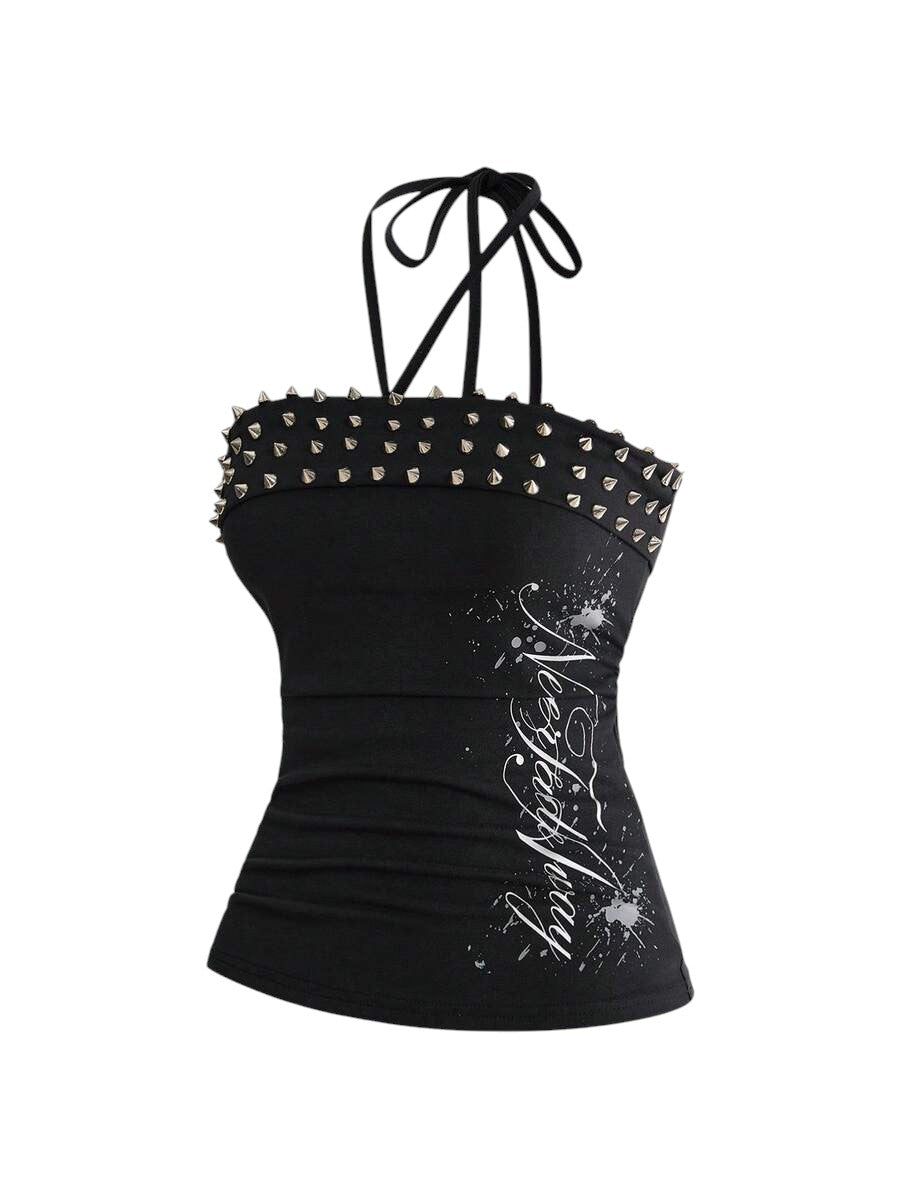 Women's Studded Graphic Cropped Camisole Top with Side Slit