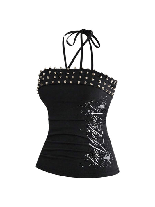 Women's Studded Graphic Cropped Camisole Top with Side Slit