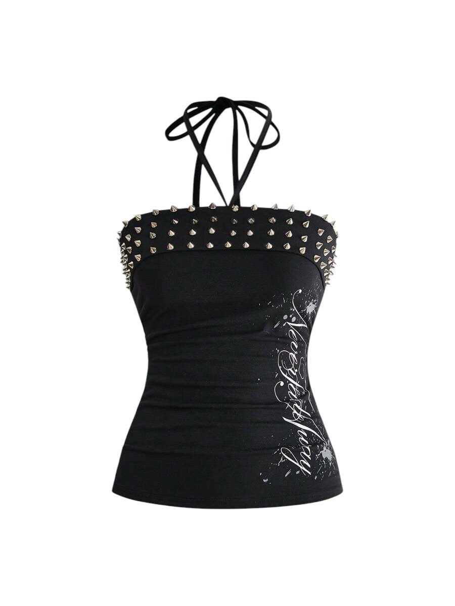 Women's Studded Graphic Cropped Camisole Top with Side Slit