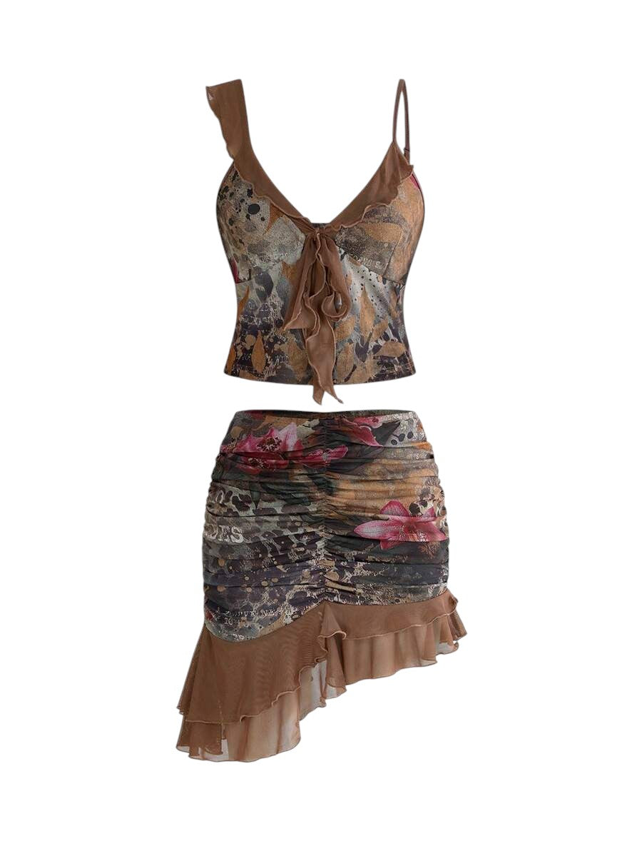 Avant Ruffle Hem Color Block Top & Floral Pleated Mini Skirt Co-Ord Set