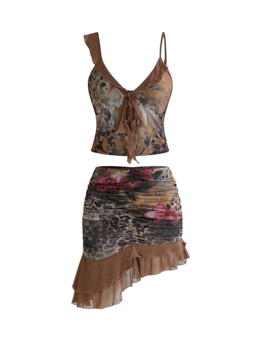 Avant Ruffle Hem Color Block Top & Floral Pleated Mini Skirt Co-Ord Set
