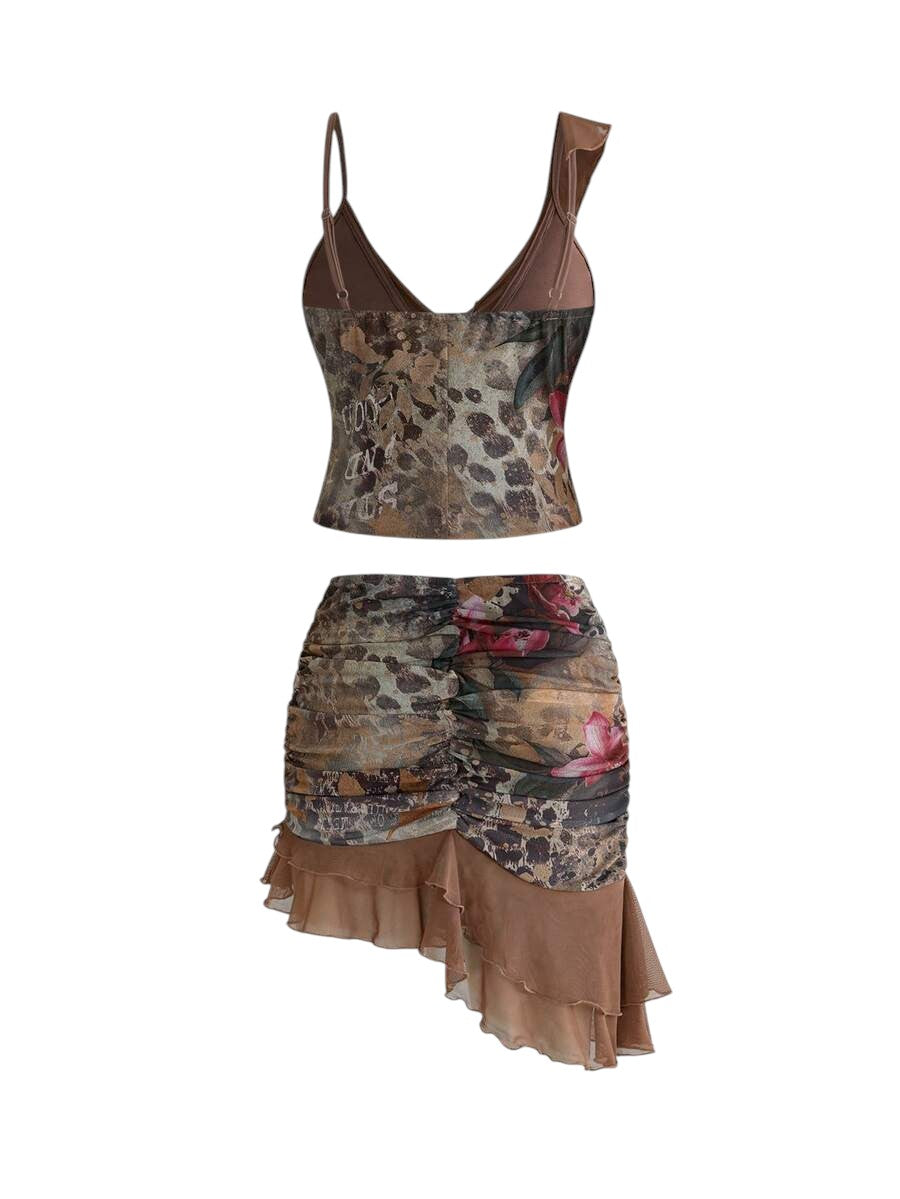 Avant Ruffle Hem Color Block Top & Floral Pleated Mini Skirt Co-Ord Set