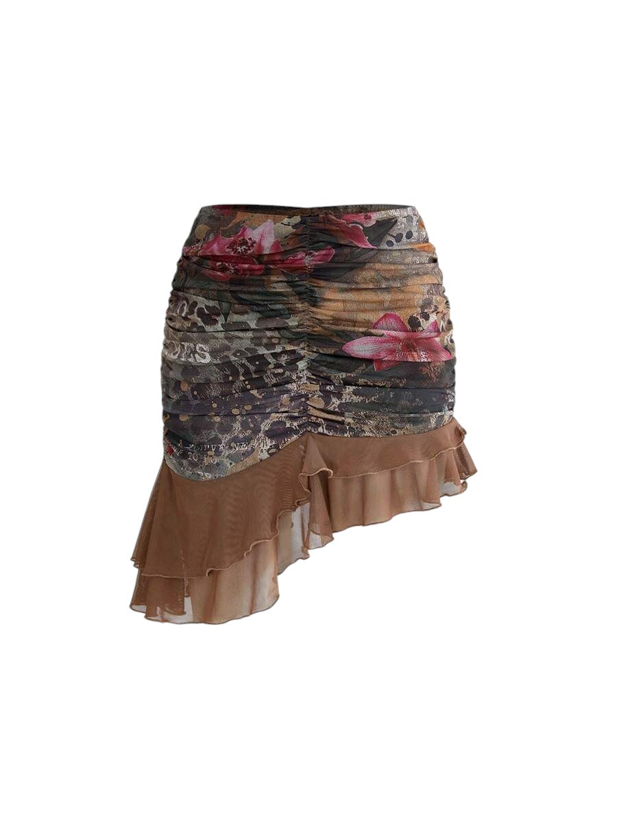 Avant Ruffle Hem Color Block Top & Floral Pleated Mini Skirt Co-Ord Set