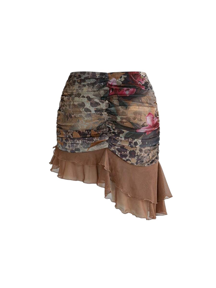 Avant Ruffle Hem Color Block Top & Floral Pleated Mini Skirt Co-Ord Set