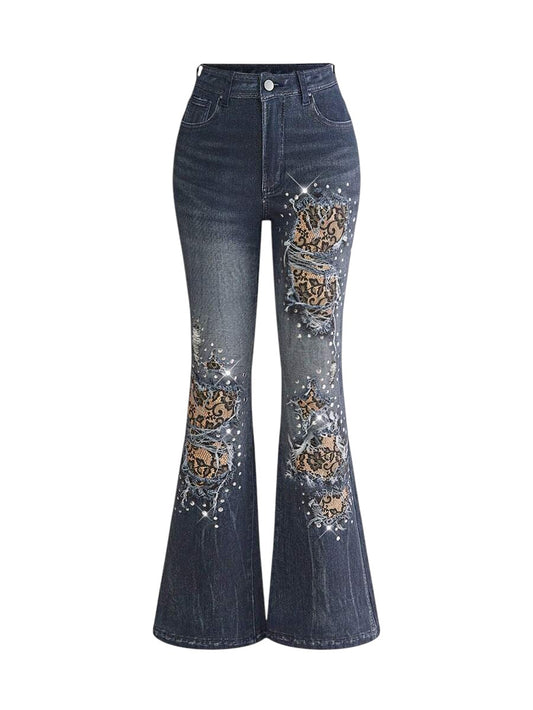 Y2K Lace Rivet Low Rise Flare Denim Jeans for Women