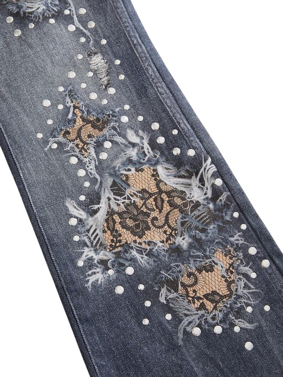 Y2K Lace Rivet Low Rise Flare Denim Jeans for Women