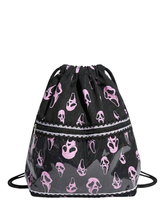 Y2K Gothic Horror Face Lace Pocket Drawstring Backpack