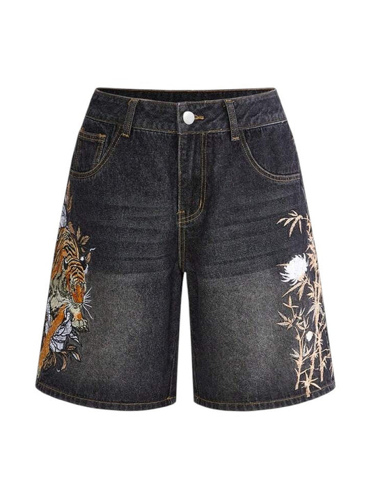 Women's Dark Grey Tiger & Floral Embroidered Wide-Leg Cropped Jeans