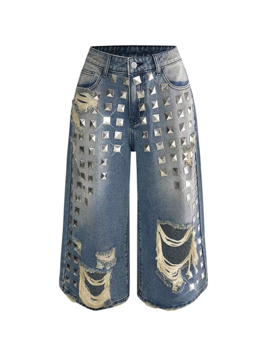 Women's Distressed Rhinestone Rivet Loose Fit Denim Capri Pants