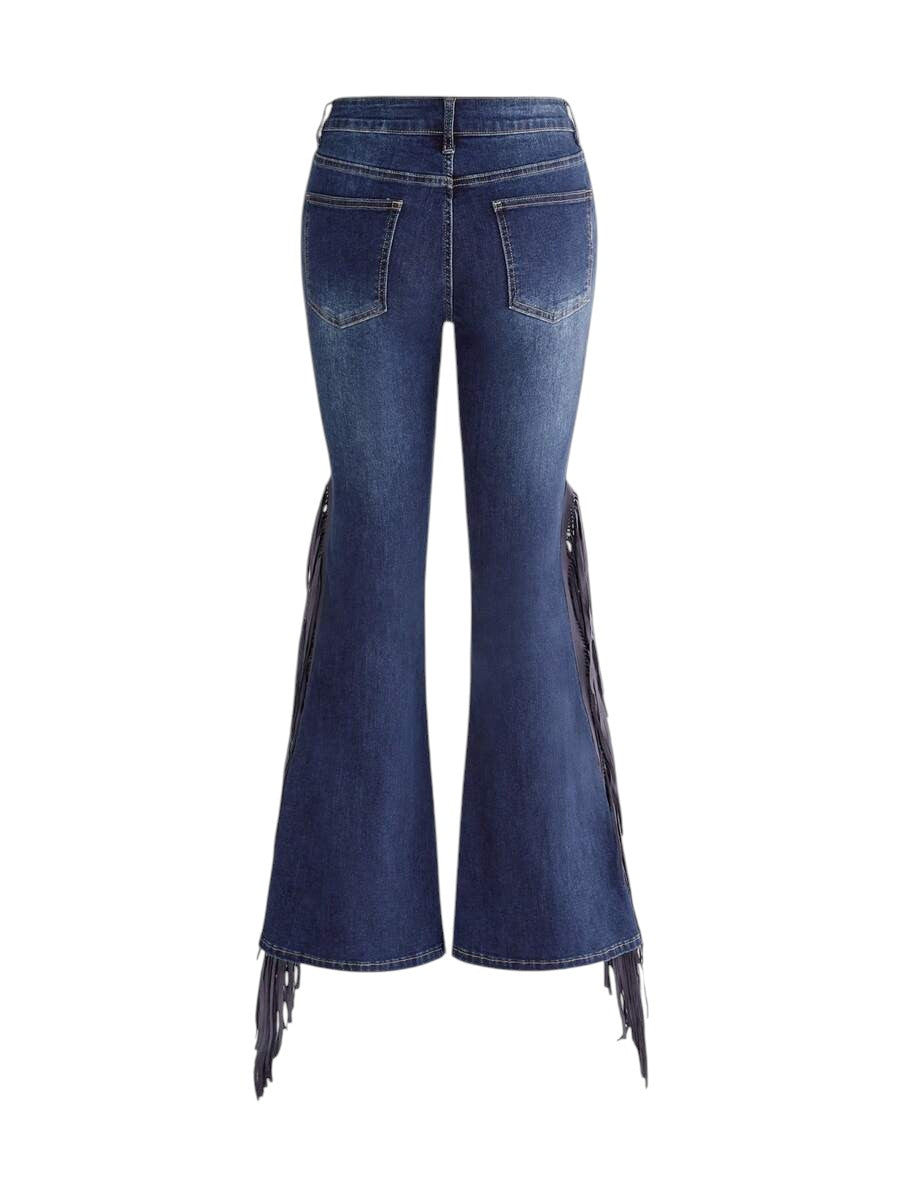 Women's Vintage Wash Side Tassel Rivet Low Rise Denim Jeans