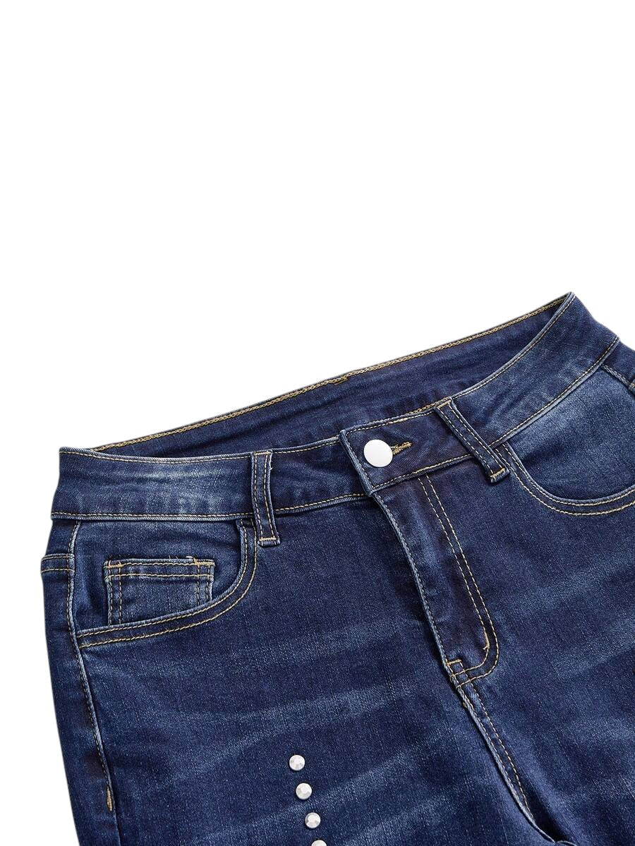 Women's Vintage Wash Side Tassel Rivet Low Rise Denim Jeans